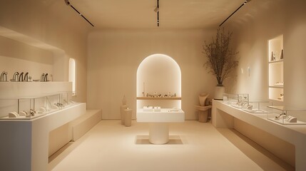 off-white minimalist jewelry boutique, displaying bespoke and fine jewelry pieces in an elegantly designed space that highlights the beauty of each item