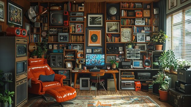 A nostalgic papercut artwork depicting a cozy slackerâ€™s den filled with vintage items and quirky inventions, evoking a sense of warmth and creativity in a retro setting. Illustration, Minimalism,