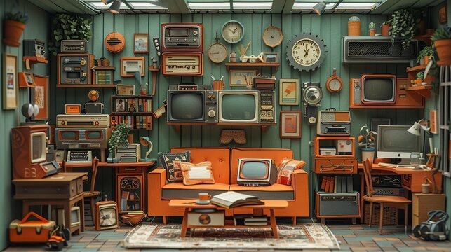 A nostalgic papercut artwork depicting a cozy slackerâ€™s den filled with vintage items and quirky inventions, evoking a sense of warmth and creativity in a retro setting. Illustration, Minimalism,