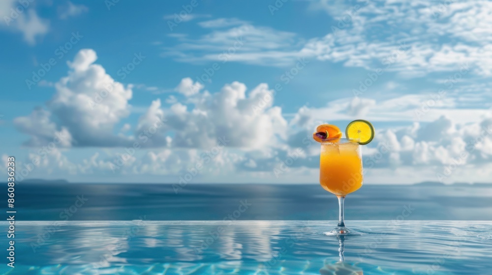 Poster a glass of orange juice with a slice of orange on top is floating in the ocean. generate ai image