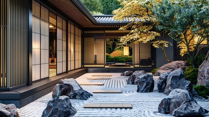 zen rock garden with an integrated pathway leading to a modern tea house, featuring sliding doors and tatami mats