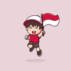 Cute Boy Holding Indonesian Flag Cartoon Vector Icon Illustration. People Holiday Icon Concept Isolated Premium Vector. Flat Cartoon Style