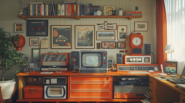 Nostalgic papercut artwork depicting a cozy slackerâ€™s den adorned with vintage items and quirky inventions, evoking a sense of comfort and creativity in a charming retro style. Illustration,