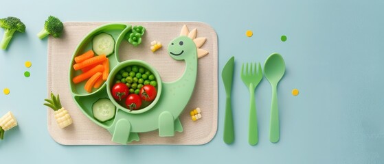 Cute dinosaur-themed kids' meal plate with vegetables and green utensils on a light blue background. Healthy and fun mealtime for children.