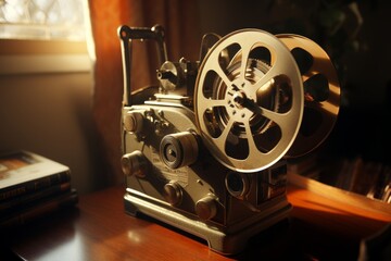 Fototapeta premium This stock image features a vintage 8mm film projector on a wooden table, evoking nostalgia and charm. The warm sunlight adds tranquility and a connection to the past