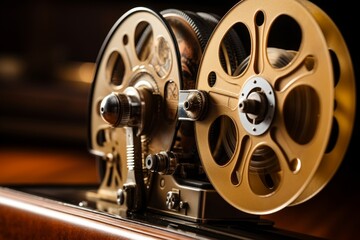 Obraz premium This image shows a close-up of an old-fashioned movie projector with a brown wooden base and two golden reels with film. The projector is isolated on a white background