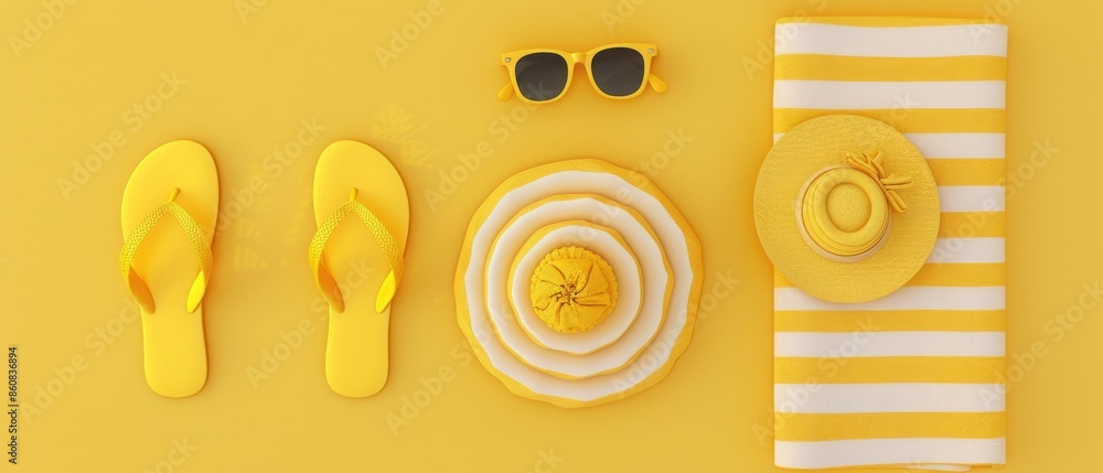 Wall mural yellow summer beach essentials, including flip-flops, sunhat, striped towel, and sunglasses, against