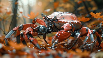 Witness the harmony of a liquid metallic autumn, where a crab robot wanders through holographic leaves, creating a futuristic portrait of seasonal bliss. Illustration, Minimalism,