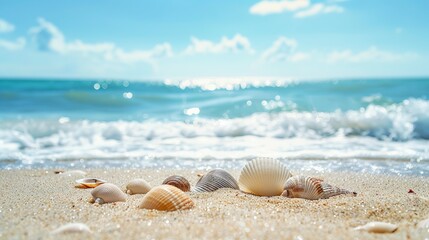 Seashells Scattered on a Sandy Beach by the Sea - Ideal for a Relaxing Vacation with Ample Copy Space