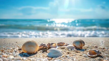 Seashells Scattered on a Sandy Beach by the Sea - Ideal for a Relaxing Vacation with Ample Copy Space