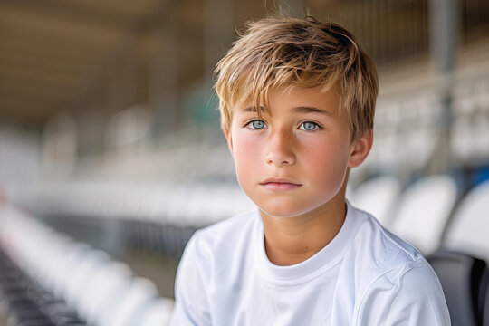 A pensive preadolescent boy in a white shirt sits alone in a stadium, his blue eyes gazing thoughtfully. Natural light accentuates his contemplative expression, capturing quietude and introspection