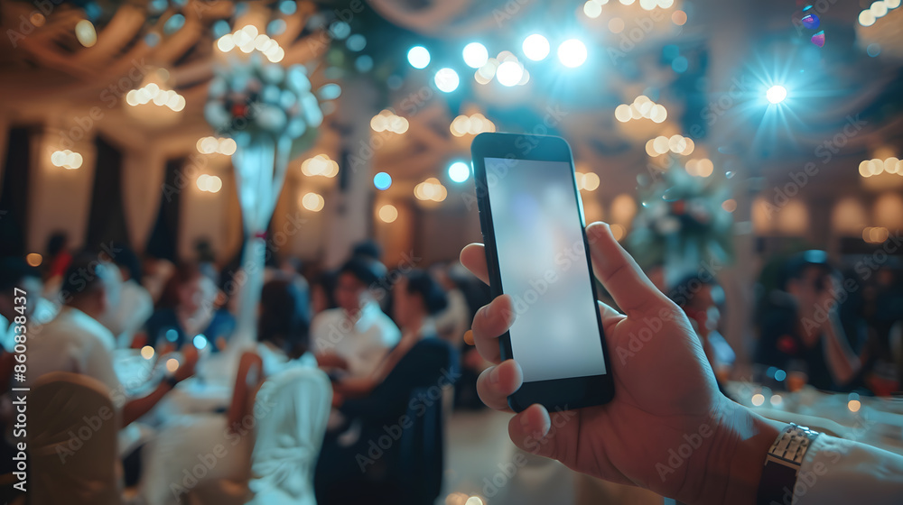 Poster male hand is holding a modern touch screen phone and blur image of wedding party  in large hall for background usage : Generative AI