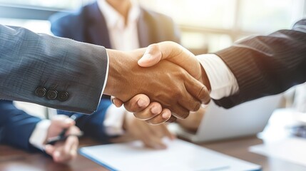 Business professionals shaking hands formal agreement corporate partnership deal close-up 