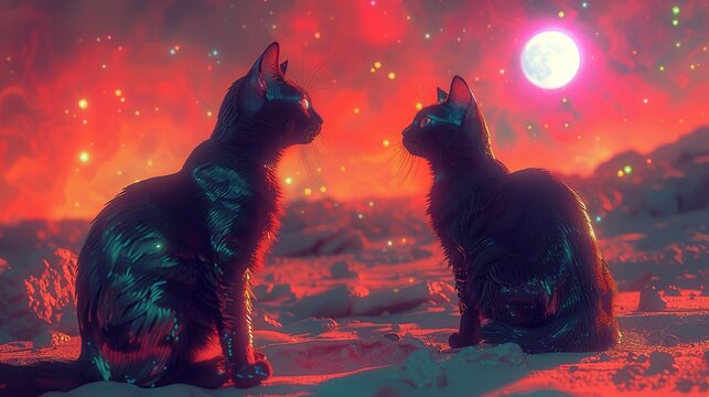 Discover the harmonious dance of cats with liquid metallic fur playing under a holographic sky, their neon-light reflections shimmering with the allure of a chromatic moon. Illustration, Minimalism,