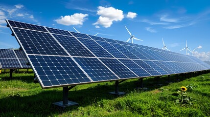 Solar panels wind turbines farm green landscape renewable energy blue sky sunny day clean power