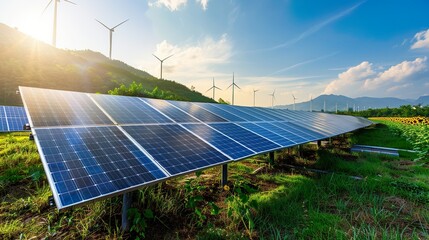 Clean energy solar panels wind turbines green field eco-friendly power generation blue sky