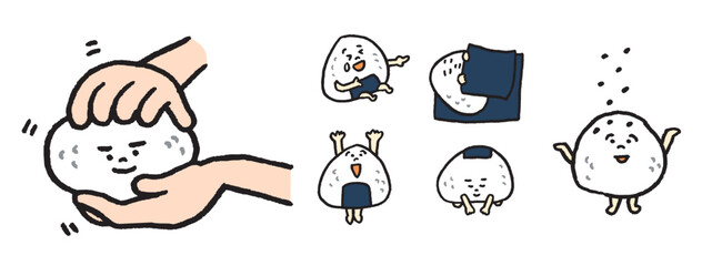 美味しく握られた三角のかわいいおむすびのキャライラスト