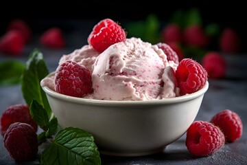 Raspberry ice cream with fresh raspberries in a bowl
