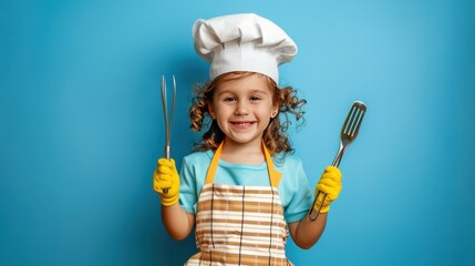 Fototapeta premium A young girl in a chef's hat and apron holding a spatula. Generate AI image