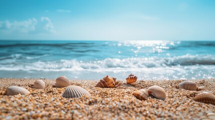 Obraz premium Serene Seaside Getaway: Sandy Beach with Seashells and Plenty of Copy Space for Imagery