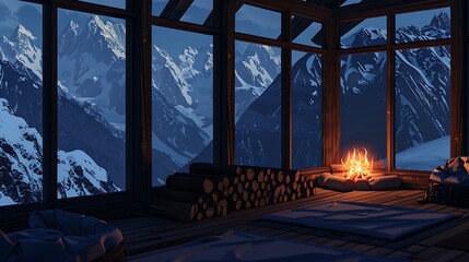 cozy alpine lodge with dark chocolate brown logs, a roaring fire visible through large windows, against a backdrop of snowy peaks