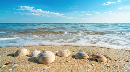 Obraz premium Seashell-Strewn Sandy Beach by the Sea - Perfect for a Relaxing Vacation with Ample Copy Space