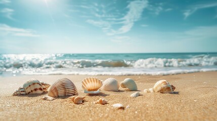 Seashell-Strewn Sandy Beach by the Sea - Perfect for a Relaxing Vacation with Ample Copy Space