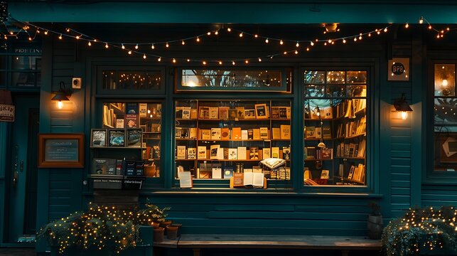 cozy bookstore with a dark teal exterior, twinkling string lights, and a quaint reading nook visible through the bay window
