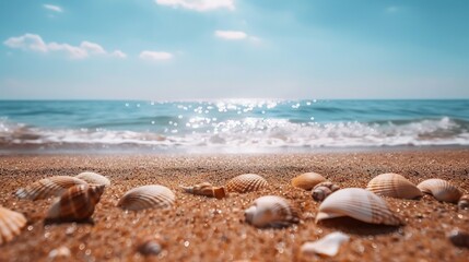 Serene Sandy Beach with Seashells by the Sea - Perfect for a Relaxing Getaway with Plenty of Copy Space