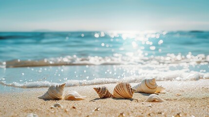 Obraz premium Serene Sandy Beach with Seashells by the Sea - Perfect for a Relaxing Getaway with Plenty of Copy Space
