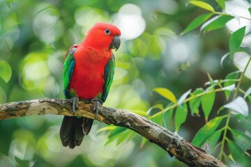 Obraz premium A vibrant King Parrot with its bright red head and green wings, perched on a tree branch 