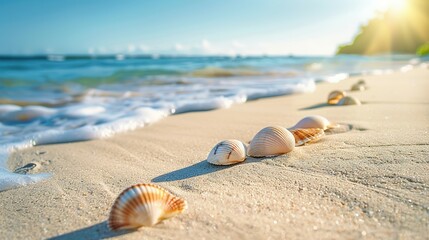 Obraz premium Seaside Relaxation: Sandy Beach with Scattered Seashells and Ample Copy Space for Vacations