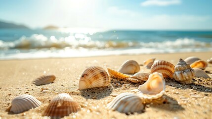 Seaside Relaxation: Sandy Beach with Scattered Seashells and Ample Copy Space for Vacations