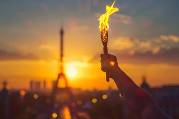 Human hand holding torch with flame in France. Olympics Games Fire. Opening ceremony. Summer Olympic Games in France. Sports game victory symbol. Banner or card with copy space