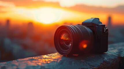 A camera is pointed at the sun, capturing a beautiful sunset.