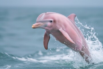 A pink dolphin is swimming in the ocean. © Dusit