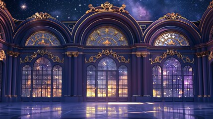grand ballroom with a dark violet exterior, large arched windows, and ornate gold detailing, hosting a gala event under the stars
