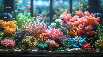 Visualize modern marine aquarium designs with illustrations of coral reefs and exotic fish species. Illustration, Minimalism,