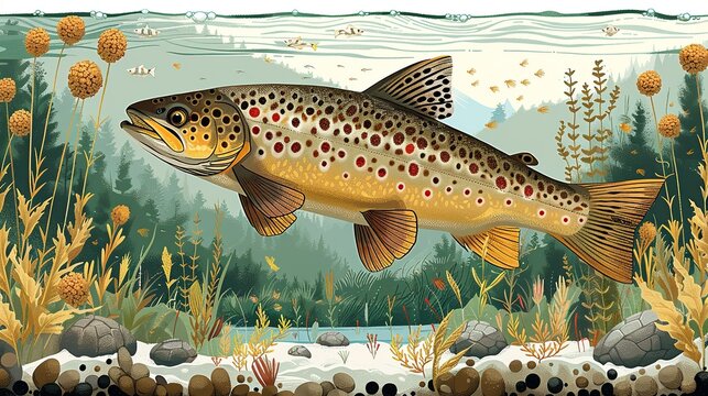 Explore freshwater ecosystems through detailed illustrations of fish and aquatic plants. Illustration, Minimalism,