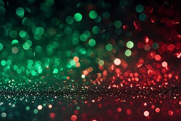 Abstract red and green glitter sparkle background with bokeh lights