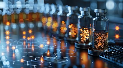 Showcase drug discovery processes with diagrams illustrating clinical trials and testing phases. Illustration, Minimalism,