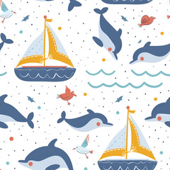 Cute Sailboat and Dolphins Pattern