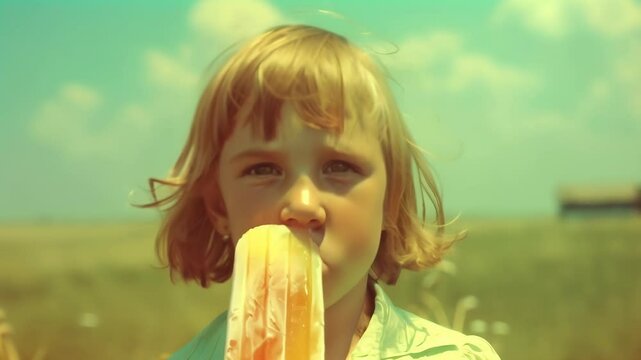 Close-up of child enjoying large popsicle against hazy blue sky. Warm vintage filter evokes 1970s nostalgia. Blond hair tousled by sea breeze. 