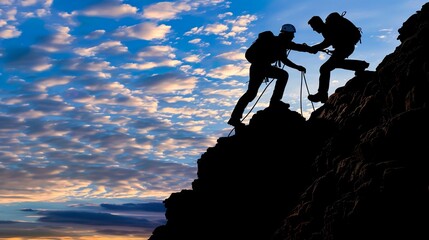 Silhouette Hikers Sunset Sky Adventure Helping Each Other Climb Mountain Outdoor Journey