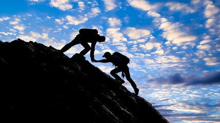 Two Hikers Helping Each Other Climb Mountain Silhouette Sunset Sky Outdoor Adventure Journey