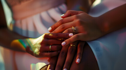 Fototapeta premium Hands of two young intercultural gay girls showing their wedding rings after getting married while sitting in front of camera : Generative AI