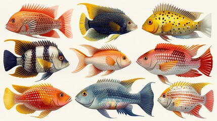 Discover the diversity of saltwater fish species with illustrations of colorful marine life. Illustration, Minimalism,