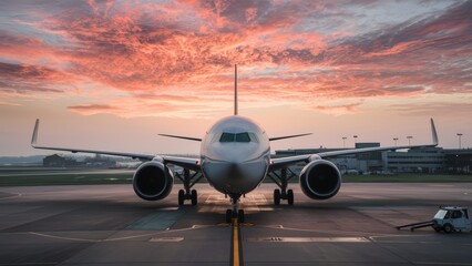 A large airplane parked on the runway at sunset, AI