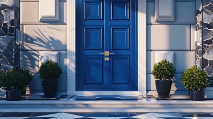 door painted in a striking cobalt blue, framed by brushed nickel accents and a contemporary style porch with geometric patterns