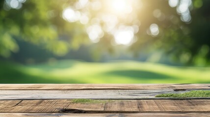 Refined wooden table with blurred golf course background